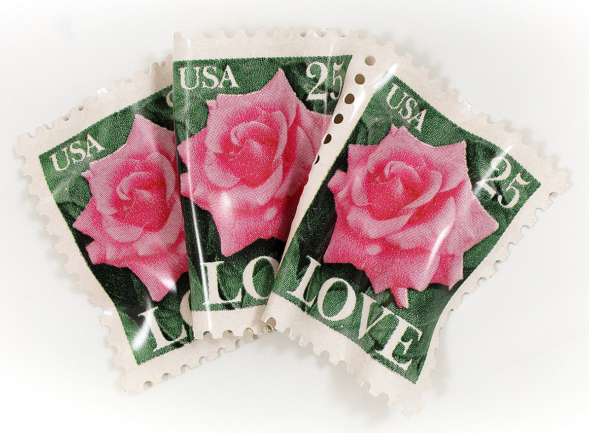 Paul Rousso, Three Rose Love Stamps #2
Mixed media on hand-sculpted styrene, 24 x 34 x 5 in.