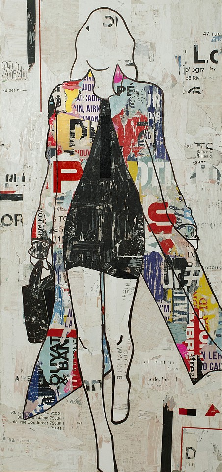 Jane Maxwell, Coat Girl Multicolored (Sold)
Collage, wax and resin on panel, 77 x 36 in.