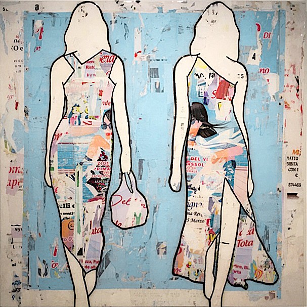 Jane Maxwell, Blue Walking Girls (Sold)
Collage, wax & resin on panel, 48 x 48 in.