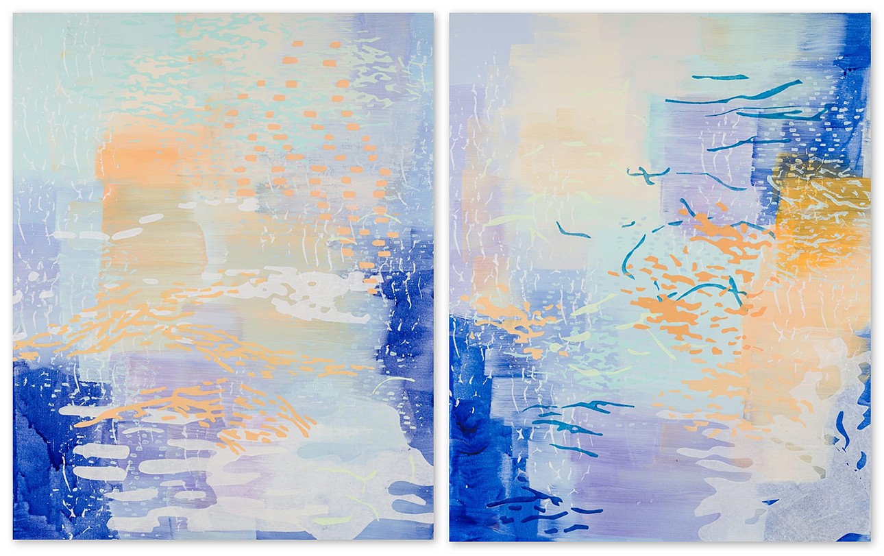 Laura Fayer, Ocean Sky & Sun Treasure
Acrylic & Japanese paper on canvas, 30 x 24 inches each (30 x 48" overall), may be purchased individually