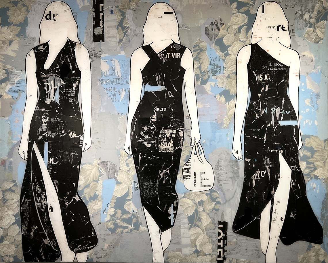 Jane Maxwell, Three Black Dresses
Collage, wax & resin on panel, 48 x 60 in.