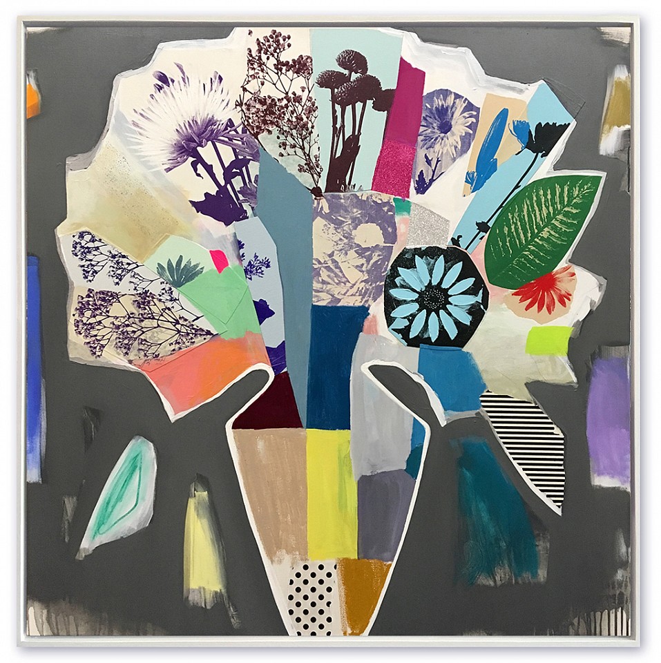 Emily Filler, Bouquet (color block & glitter) 
Collage, acrylic & silkscreen on canvas, 48 x 48 in.