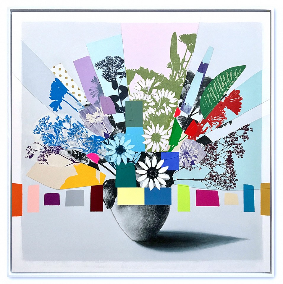 Emily Filler, Vintage Bouquet (green leaf & red flowers) - Sold
Collage, acrylic & silkscreen on canvas, 48 x 48 in.