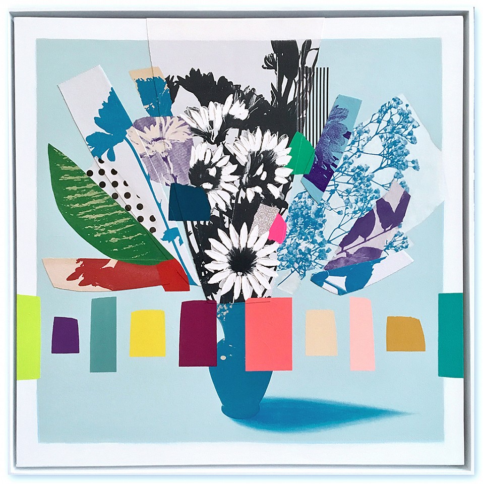 Emily Filler, Vintage Bouquet (white flowers + blue vase) Sold
Collage, acrylic & silkscreen on canvas, 31 x 31 in.