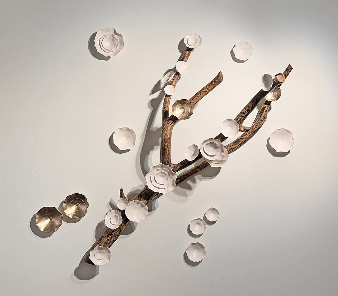 Lucrecia Waggoner, Kyoto Series: Autumn
Porcelain with moongold leaf on tree branch, 50 x 48 x 18 in.